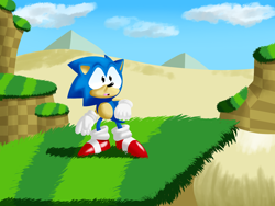Size: 1280x960 | Tagged: safe, artist:neo-green-hill, sonic the hedgehog, sonic forces, abstract background, classic sonic, daytime, desert hill zone, grass, lineless, outdoors, sand, solo, standing