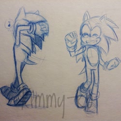 Size: 1280x1280 | Tagged: safe, artist:kimmyko, sonic the hedgehog, eyes closed, line art, musical note, signature, sketch, smile, solo, standing, traditional media