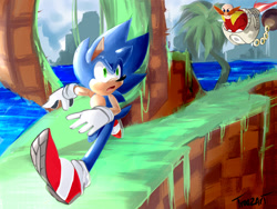 Size: 1024x768 | Tagged: safe, artist:kiwikimini, robotnik, sonic the hedgehog, human, green hill zone, abstract background, daytime, duo, eggmobile, modern sonic, outdoors, palm tree, running, signature, water