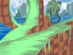 Size: 1024x768 | Tagged: safe, artist:kiwikimini, green hill zone, alternate version, daytime, landscape, no characters, outdoors, palm tree, water