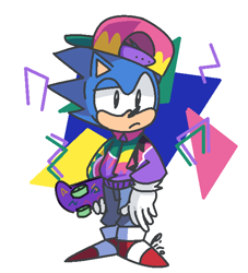Size: 580x640 | Tagged: safe, artist:piroeoe, sonic the hedgehog, abstract background, classic sonic, clothes, frown, hat, looking offscreen, signature, skateboard, solo