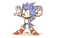 Size: 561x355 | Tagged: safe, artist:z-t00n, sonic the hedgehog, sonic cd, arms up, classic sonic, frown, posing, shrunken pupils, signature, simple background, solo, spread legs, white background