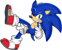 Size: 1280x1023 | Tagged: safe, artist:superemeralds, sonic the hedgehog, looking at viewer, signature, simple background, smile, solo, transparent background, uekawa style, wink