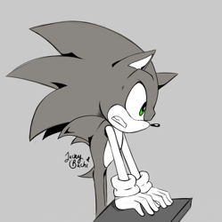 Size: 1171x1177 | Tagged: safe, artist:quirquay, sonic the hedgehog, flat colors, grey background, greyscale, looking offscreen, monochrome, signature, simple background, solo