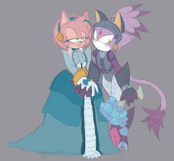 Size: 1280x1181 | Tagged: safe, artist:pollymountain, amy rose, blaze the cat, nimue, cat, hedgehog, sonic and the black knight, 2018, amy x blaze, cute, female, females only, holding hands, knight armor, lesbian, looking at them, shipping, sir percival