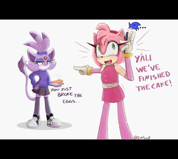 Size: 1000x894 | Tagged: safe, artist:pixiebott, amy rose, blaze the cat, sonic the hedgehog, cat, hedgehog, 2022, amy x blaze, cake, english text, female, lesbian, male, shipping