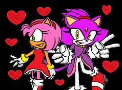 Size: 1122x824 | Tagged: safe, artist:silvaze86, amy rose, blaze the cat, cat, hedgehog, 2010, amy x blaze, amy's halterneck dress, blaze's tailcoat, cute, female, females only, hearts, lesbian, peace sign, shipping