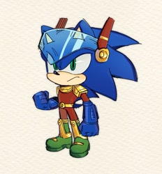 Size: 1261x1359 | Tagged: safe, artist:sh1ne023, sonic the hedgehog, zonic the zone cop, 2024, clenched fist, frown, grey background, looking offscreen, simple background, solo, standing