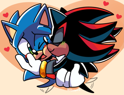 Size: 919x704 | Tagged: safe, artist:tenya, shadow the hedgehog, sonic the hedgehog, blushing, cute, duo, eyes closed, gay, green blush, holding each other, kiss on cheek, looking at them, one eye closed, shadow x sonic, shadowbetes, shipping, signature, smile, sonabetes, wagging tail