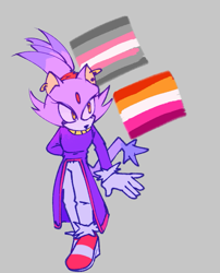 Size: 585x724 | Tagged: safe, artist:elux-storage, blaze the cat, demigirl, demigirl pride, ear piercing, earring, grey background, lesbian, lesbian pride, looking offscreen, pride, pride flag, simple background, solo, standing