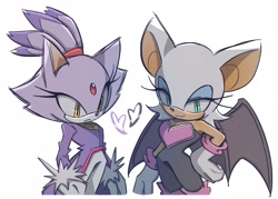 Size: 1991x1428 | Tagged: safe, artist:chilidog_16, blaze the cat, rouge the bat, 2024, blazouge, duo, frown, heart, lesbian, looking at viewer, looking offscreen, shipping, simple background, smile, standing, white background