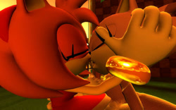 Size: 1024x640 | Tagged: safe, artist:boob-slave, amy rose, blaze the cat, cat, hedgehog, 2014, 3d, amy x blaze, amy's halterneck dress, blaze's tailcoat, cute, eyes closed, female, females only, hand on head, lesbian, mouth open, shipping