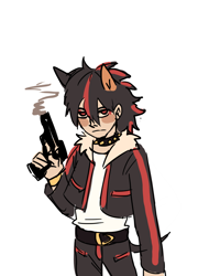 Size: 1280x1597 | Tagged: safe, artist:frulleboi, shadow the hedgehog, human, frown, gun, holding something, humanized, looking at viewer, partially humanized, simple background, smoke, solo, spiked collar, standing, white background