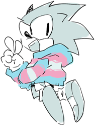 Size: 691x916 | Tagged: safe, artist:r0b0t1m3, sonic the hedgehog, clothes, hoodie, looking offscreen, monochrome, simple background, smile, solo, trans pride, v sign, white background