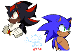 Size: 1402x1006 | Tagged: safe, artist:mealbits, shadow the hedgehog, sonic x shadow generations, arms folded, bust, dark skin, duo, eyelashes, frown, looking offscreen, question mark, simple background, smile, top surgery scars, trans male, transgender, white background