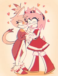 Size: 894x1172 | Tagged: safe, artist:gayblaze, amy rose, blaze the cat, cat, hedgehog, 2017, amy x blaze, amy's halterneck dress, blaze's tailcoat, cute, eyes closed, female, females only, hand on chin, hearts, holding hands, lesbian, shipping