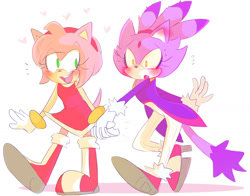 Size: 1280x1002 | Tagged: safe, artist:scuttletown, amy rose, blaze the cat, cat, hedgehog, 2017, amy x blaze, amy's halterneck dress, blaze's tailcoat, blushing, cute, female, females only, hearts, holding hands, lesbian, shipping