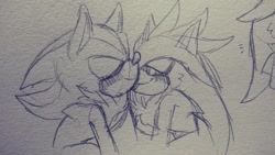 Size: 1280x720 | Tagged: safe, artist:phantomrev, shadow the hedgehog, silver the hedgehog, blushing, duo, eyes closed, gay, kiss, lidded eyes, line art, looking at them, shadow x silver, shipping, sketch, traditional media