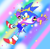 Size: 1280x1257 | Tagged: safe, artist:sm-archive, sonic the hedgehog, hedgehog, abstract background, alternate outfit, clothes, crop top, falling, fingerless gloves, fully clothed, heart, jacket, looking down, male, rainbow, shorts, smile, solo, star (symbol), stockings, sunglasses