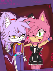 Size: 768x1024 | Tagged: safe, artist:sarangok79, amy rose, blaze the cat, cat, hedgehog, 2023, amy x blaze, cute, female, females only, lesbian, lesbian pride, one eye closed, peace sign, pride, shipping