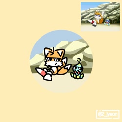 Size: 2000x2000 | Tagged: safe, artist:2_jyeon, miles "tails" prower, chao, 2024, duo, frown, lying back, neutral chao, redraw, reference inset, simple background, sitting, sonic x, stick figure, sunglasses, yellow background