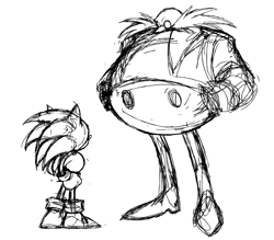 Size: 2048x1792 | Tagged: safe, artist:marcuslarry627, robotnik, sonic the hedgehog, classic robotnik, classic sonic, duo, line art, looking at each other, simple background, sketch, standing, white background