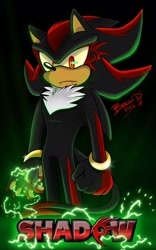 Size: 1280x2048 | Tagged: safe, artist:becci_d_artist, shadow the hedgehog, sonic x shadow generations, 2024, character name, electricity, fangs, frown, gloves off, long tail, looking at viewer, shadow's logo, signature, solo, standing
