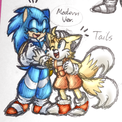 Size: 1000x1000 | Tagged: safe, artist:pastelsketches64, miles "tails" prower, sonic the hedgehog, 2018, character name, clothes, duo, english text, eyes closed, gender swap, jacket, looking at them, modern sonic, modern tails, mouth open, one eye closed, overalls, pants, sketch, smile, standing, traditional media