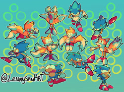 Size: 1280x952 | Tagged: safe, artist:lennysanart, miles "tails" prower, sonic the hedgehog, abstract background, duo, outline, signature