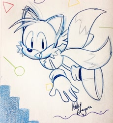 Size: 1178x1280 | Tagged: safe, artist:missashleyng, miles "tails" prower, classic tails, line art, looking at viewer, signature, smile, solo