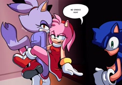 Size: 4096x2866 | Tagged: suggestive, artist:xao_art, amy rose, blaze the cat, sonic the hedgehog, cat, hedgehog, 2024, amy x blaze, english text, female, lesbian, looking at viewer, male, shipping, speech bubble, trio