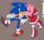 Size: 1080x980 | Tagged: safe, artist:martar martar, amy rose, sonic the hedgehog, hedgehog, amy x sonic, duo, female, holding them, kiss, kiss on cheek, male, shipping, simple background, straight