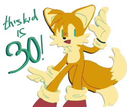 Size: 2048x1721 | Tagged: safe, artist:sonic-adventure-3, miles "tails" prower, birthday, english text, simple background, smile, solo, standing, white background