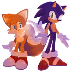 Size: 2048x2048 | Tagged: safe, artist:sonic-adventure-3, miles "tails" prower, sonic the hedgehog, duo, simple background, smile, standing, white background