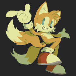 Size: 2048x2048 | Tagged: safe, artist:sonic-adventure-3, miles "tails" prower, grey background, pointing, posing, simple background, smile, solo