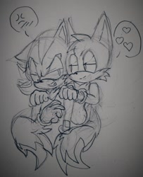 Size: 1280x1577 | Tagged: safe, artist:maurkin, miles "tails" prower, shadow the hedgehog, cross popping vein, duo, gay, hands on another's shoulders, heart, line art, looking at each other, shadow x tails, shipping, sketch, standing, traditional media