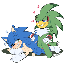 Size: 3000x2990 | Tagged: safe, artist:senshion, jet the hawk, sonic the hedgehog, anal, balls, blushing, clenched teeth, duo, erection, gay, heart, heart eyes, jet x sonic, lidded eyes, nudity, one eye closed, penis, sex, sfx, shipping, signature, simple background, smile, smug, spread legs, sweatdrop, thrusting, white background