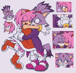 Size: 2048x1962 | Tagged: safe, artist:mistymontoon, amy rose, blaze the cat, cat, hedgehog, 2024, amy x blaze, amy's halterneck dress, blaze's tailcoat, blushing, cute, eyes closed, female, females only, holding hands, hugging, kiss, lesbian, shipping