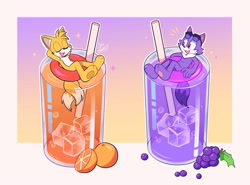 Size: 3000x2218 | Tagged: safe, artist:lou_lubally, miles "tails" prower, oc, oc:odd the wolf, grape juice, orange juice