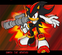 Size: 1013x900 | Tagged: safe, artist:shockrabbit, artist:tyler mcgrath, shadow the hedgehog, 2005, abstract background, bazooka, character name, clenched teeth, explosion, holding something, redraw, shadow the hedgehog (video game), solo, standing, uekawa style