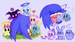 Size: 2048x1140 | Tagged: safe, artist:emenens, flicky, pocky, rocky, sonic the hedgehog, chao, 2024, :<, blushing, bow, crab, crying, cucky, cute, dark chao, english text, floppy ears, frown, grass, group, hero chao, neutral chao, purple background, sad, simple background, sitting, top surgery scars, trans male, transgender