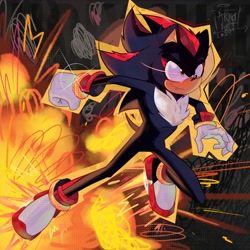 Size: 2000x2000 | Tagged: safe, artist:amyzuzucki, shadow the hedgehog, 2024, abstract background, explosion, looking ahead, looking offscreen, outline, redraw, signature, smile, solo