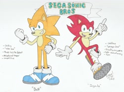 Size: 1400x1041 | Tagged: safe, artist:bageloftime, oc, oc:bolt the hedgehog (segasonic bro), oc:ignite the hedgehog (segasonic bro), hedgehog, 2021, brothers, character name, duo, english text, redesign, segasonic bros, siblings, signature, simple background, smile, traditional media