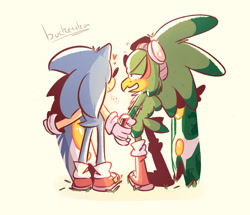 Size: 2048x1759 | Tagged: safe, artist:buckettkun, jet the hawk, sonic the hedgehog, blushing, cute, duo, extreme gear, gay, heart, holding hands, jet x sonic, lidded eyes, shipping, signature, simple background, standing