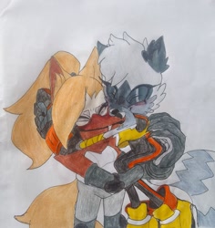 Size: 1936x2048 | Tagged: safe, artist:transgender-battlekukku, tangle the lemur, whisper the wolf, duo, eyes closed, hugging, lesbian, shipping, smile, tangle x whisper, traditional media