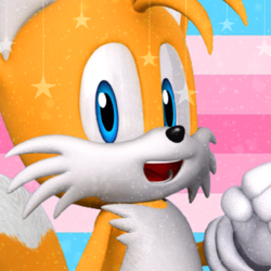 Size: 400x400 | Tagged: safe, artist:alterboards, miles "tails" prower, edit, icon, pride, pride flag, pride flag background, solo, trans female, transfem pride, transfeminine, transgender