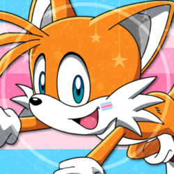 Size: 400x400 | Tagged: safe, artist:alterboards, miles "tails" prower, edit, icon, pride, pride flag, pride flag background, solo, trans female, transfem pride, transfeminine, transgender