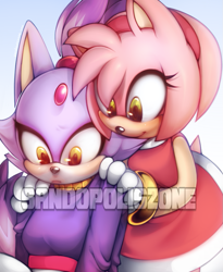 Size: 819x1000 | Tagged: safe, artist:sandopoliszone, amy rose, blaze the cat, cat, hedgehog, 2016, amy x blaze, amy's halterneck dress, blaze's tailcoat, cute, female, females only, hands on shoulders, lesbian, looking at them, shipping