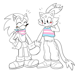 Size: 2048x1951 | Tagged: safe, artist:infizero-draws, blaze the cat, sonic the hedgehog, alternate outfit, cargo pants, clothes, crop top, cute, duo, eyes closed, face paint, femboy, gay, gay pride, hand behind head, hand on hip, holding hands, lesbian, lesbian pride, line art, looking at them, pants, pride, pride flag, simple background, skirt, smile, standing, trans female, trans male, trans pride, transgender, white background