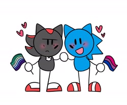 Size: 1800x1500 | Tagged: safe, artist:fanneyplum, shadow the hedgehog, sonic the hedgehog, 2024, bisexual, bisexual pride, blushing, cute, duo, flag, frown, gay, heart, holding hands, holding something, looking at viewer, mlm pride, pride, pride flag, shadow x sonic, shadowbetes, shipping, simple background, smile, sonabetes, standing, stick figure, white background